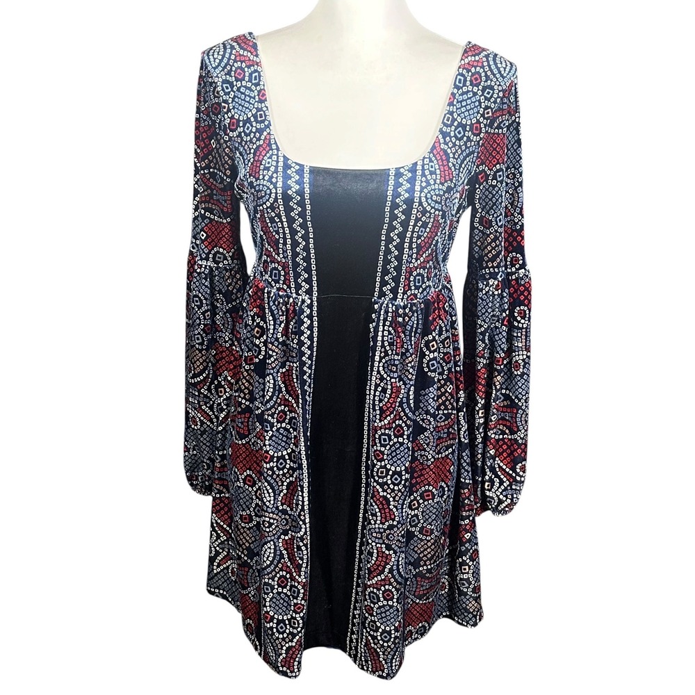 Free People Oh So Easy Babydoll Mini Dress‎ Women S Blue Red Velvet Bell Sleeve